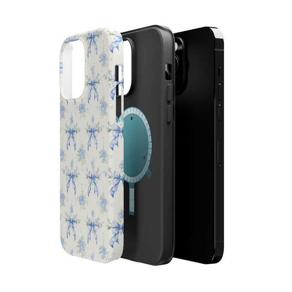 Mag Safe Phone Case  Preppy Blue Bows and Floral Design Magnetic Tough Case for iPhone - Durable