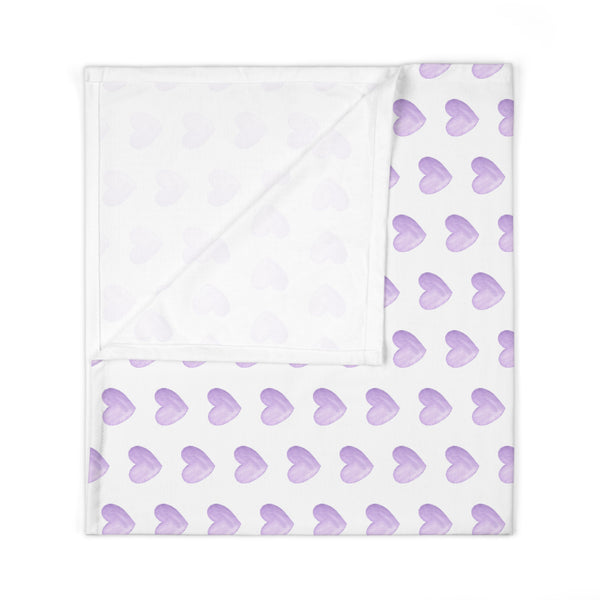 Baby Swaddle Blanket in preppy watercolor heart print pattern - lavender and white for boys or girls
