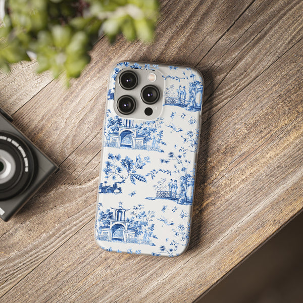 Flexible Phone Case - Chinoiserie Blue and White Toile Pagoda iPhone Samsung, White Background with Blue Toile Pattern
