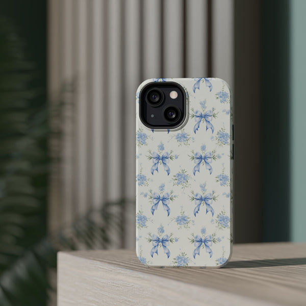 Mag Safe Phone Case  Preppy Blue Bows and Floral Design Magnetic Tough Case for iPhone - Durable