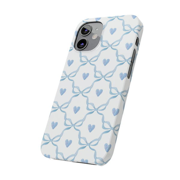 Bow and Heart Collab Print, Coquette blue and white, loveshackfancy inspired, preppy print Phone Case, all iPhone 15 14 Plus Pro Max 13