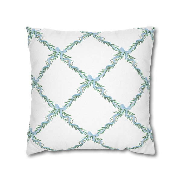 Watercolor Lattice Floral Bow Blue Pillow Cover with Zip Closure - Cover Only - Insert not included - teen, tween, dorm room