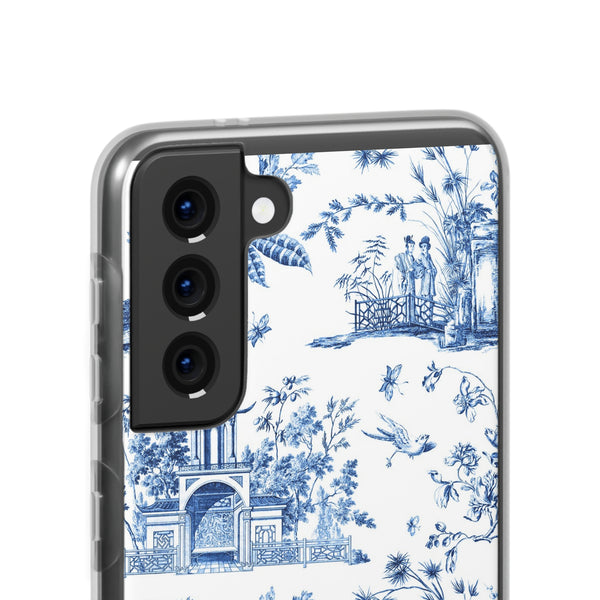 Flexible Phone Case - Chinoiserie Blue and White Toile Pagoda iPhone Samsung, White Background with Blue Toile Pattern