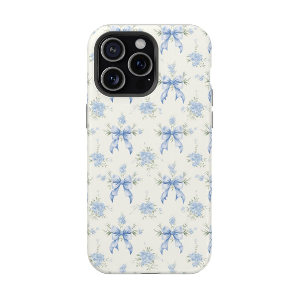 Mag Safe Phone Case  Preppy Blue Bows and Floral Design Magnetic Tough Case for iPhone - Durable