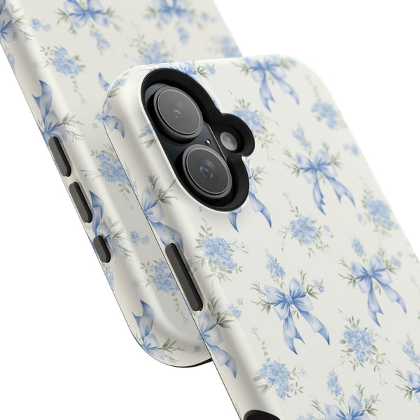 Mag Safe Phone Case  Preppy Blue Bows and Floral Design Magnetic Tough Case for iPhone - Durable