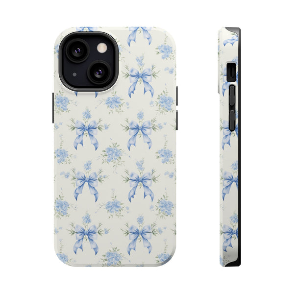 Mag Safe Phone Case  Preppy Blue Bows and Floral Design Magnetic Tough Case for iPhone - Durable
