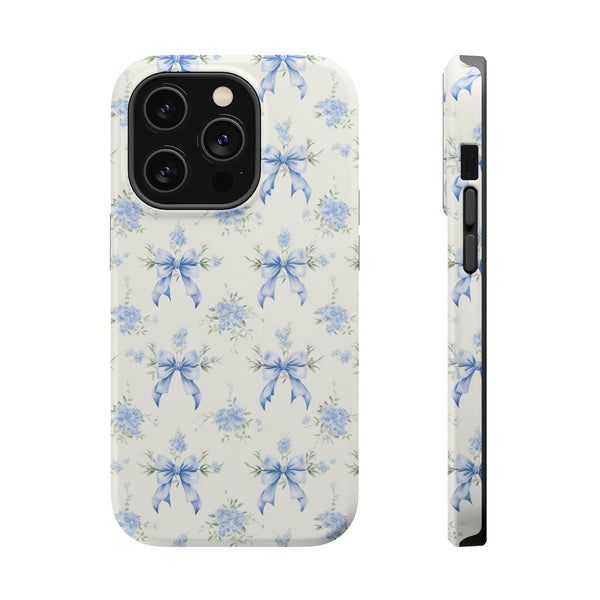 Mag Safe Phone Case  Preppy Blue Bows and Floral Design Magnetic Tough Case for iPhone - Durable