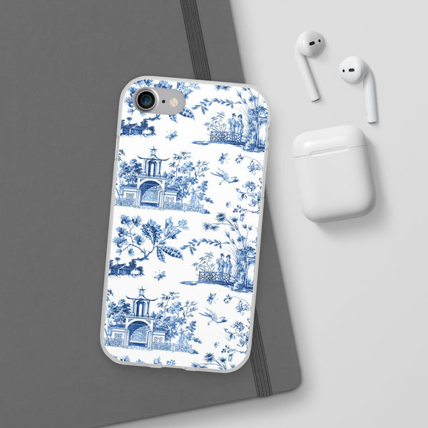 Flexible Phone Case - Chinoiserie Blue and White Toile Pagoda iPhone Samsung, White Background with Blue Toile Pattern