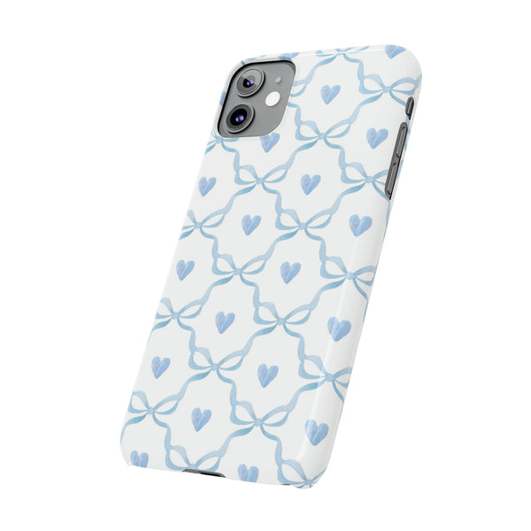 Bow and Heart Collab Print, Coquette blue and white, loveshackfancy inspired, preppy print Phone Case, all iPhone 15 14 Plus Pro Max 13