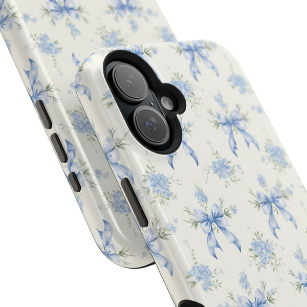 Mag Safe Phone Case  Preppy Blue Bows and Floral Design Magnetic Tough Case for iPhone - Durable