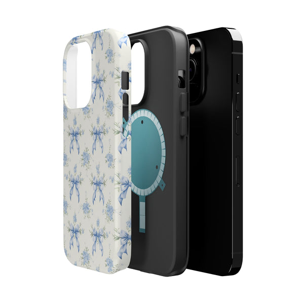 Mag Safe Phone Case  Preppy Blue Bows and Floral Design Magnetic Tough Case for iPhone - Durable