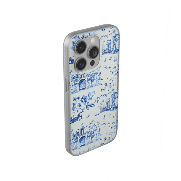Flexible Phone Case - Chinoiserie Blue and White Toile Pagoda iPhone Samsung, White Background with Blue Toile Pattern