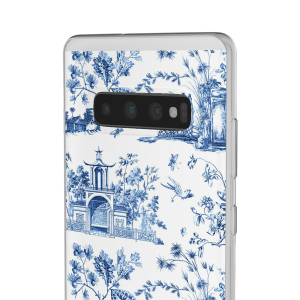 Flexible Phone Case - Chinoiserie Blue and White Toile Pagoda iPhone Samsung, White Background with Blue Toile Pattern
