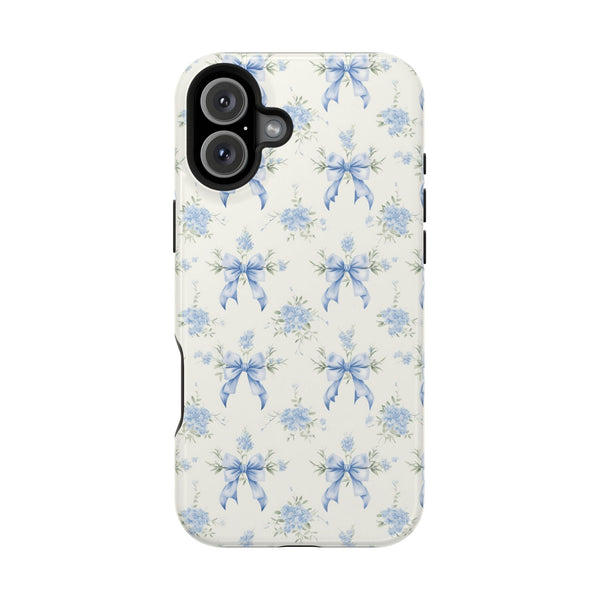 Mag Safe Phone Case  Preppy Blue Bows and Floral Design Magnetic Tough Case for iPhone - Durable