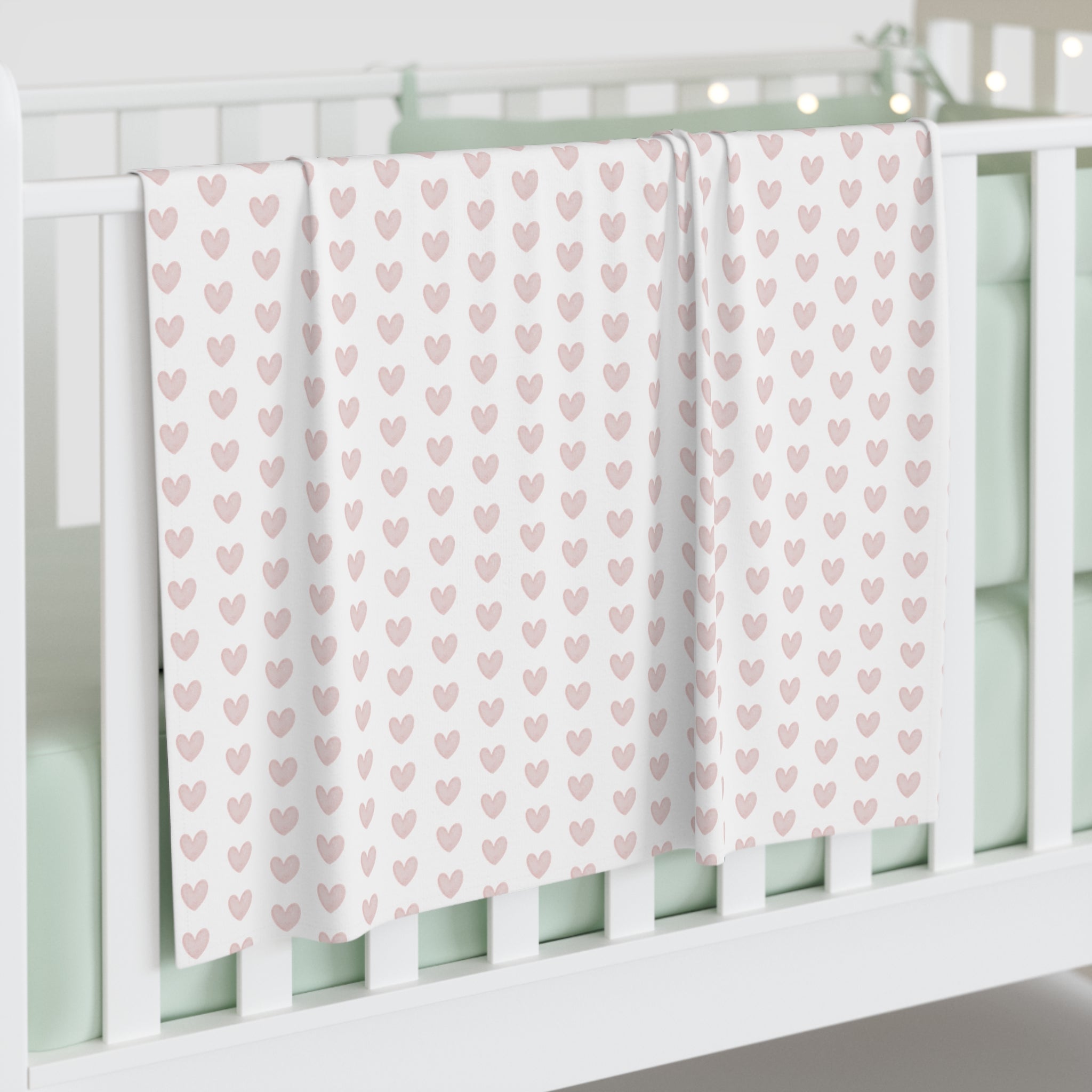 Baby Swaddle Blanket in preppy watercolor heart print pattern - Softest Neutral Blush Pink on white