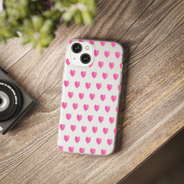 Flexible Phone Case - Preppy Hearts Watercolor Pink - Clear Shell pink Hearts - your case color will show through