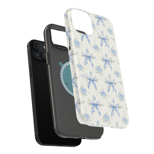 Mag Safe Phone Case  Preppy Blue Bows and Floral Design Magnetic Tough Case for iPhone - Durable