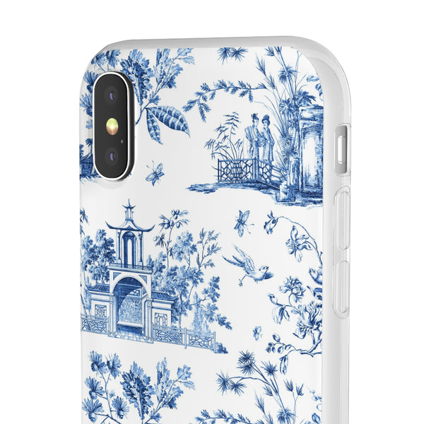 Flexible Phone Case - Chinoiserie Blue and White Toile Pagoda iPhone Samsung, White Background with Blue Toile Pattern