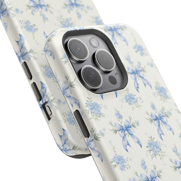 Mag Safe Phone Case  Preppy Blue Bows and Floral Design Magnetic Tough Case for iPhone - Durable