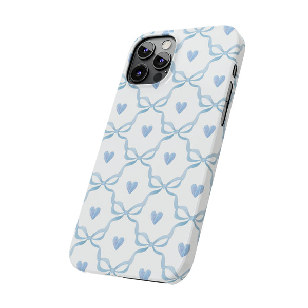 Bow and Heart Collab Print, Coquette blue and white, loveshackfancy inspired, preppy print Phone Case, all iPhone 15 14 Plus Pro Max 13