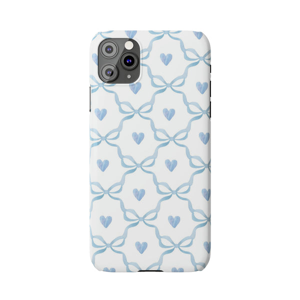 Bow and Heart Collab Print, Coquette blue and white, loveshackfancy inspired, preppy print Phone Case, all iPhone 15 14 Plus Pro Max 13