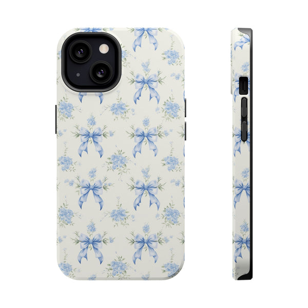 Mag Safe Phone Case  Preppy Blue Bows and Floral Design Magnetic Tough Case for iPhone - Durable