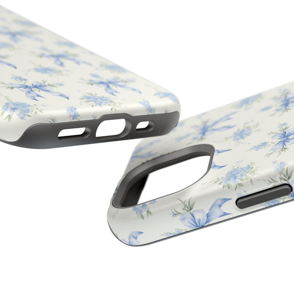 Mag Safe Phone Case  Preppy Blue Bows and Floral Design Magnetic Tough Case for iPhone - Durable