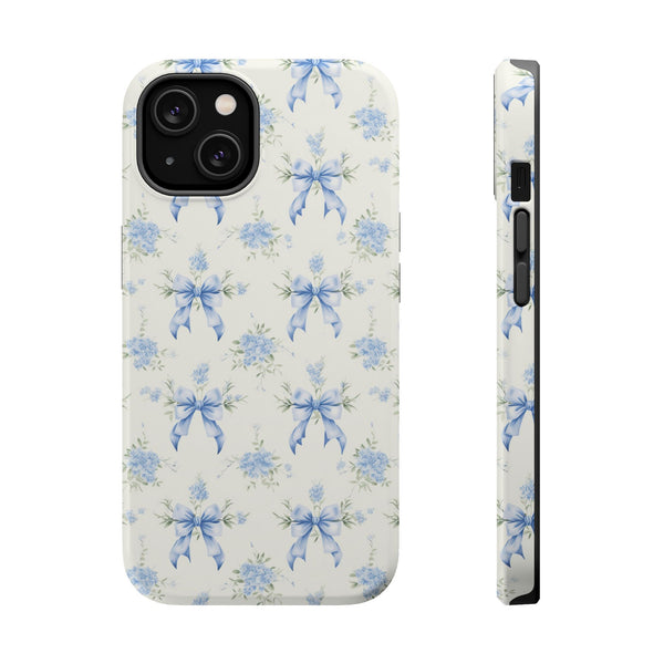 Mag Safe Phone Case  Preppy Blue Bows and Floral Design Magnetic Tough Case for iPhone - Durable