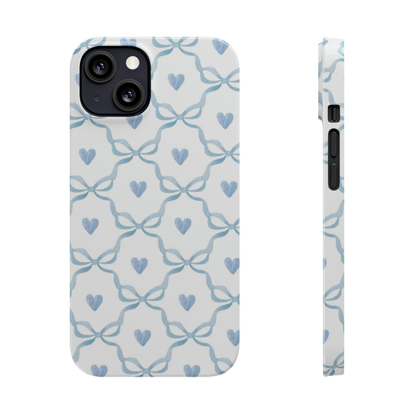 Bow and Heart Collab Print, Coquette blue and white, loveshackfancy inspired, preppy print Phone Case, all iPhone 15 14 Plus Pro Max 13