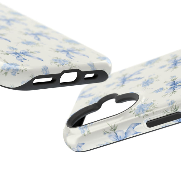 Mag Safe Phone Case  Preppy Blue Bows and Floral Design Magnetic Tough Case for iPhone - Durable