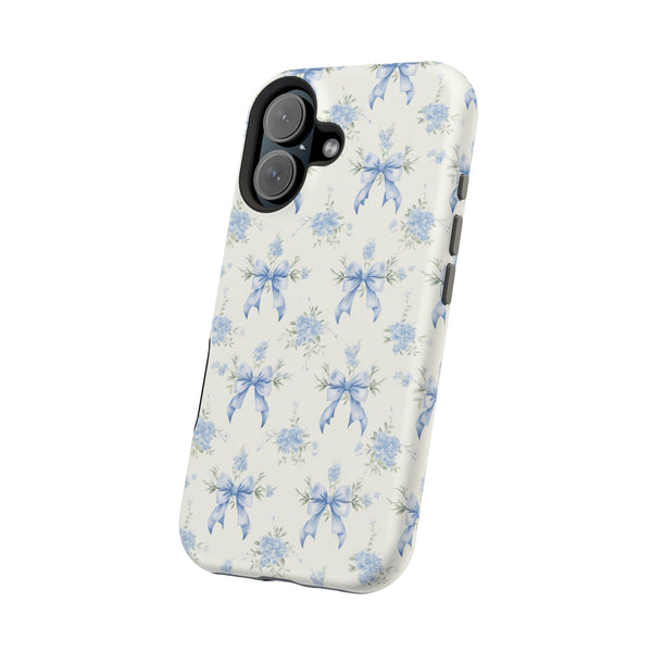 Mag Safe Phone Case  Preppy Blue Bows and Floral Design Magnetic Tough Case for iPhone - Durable