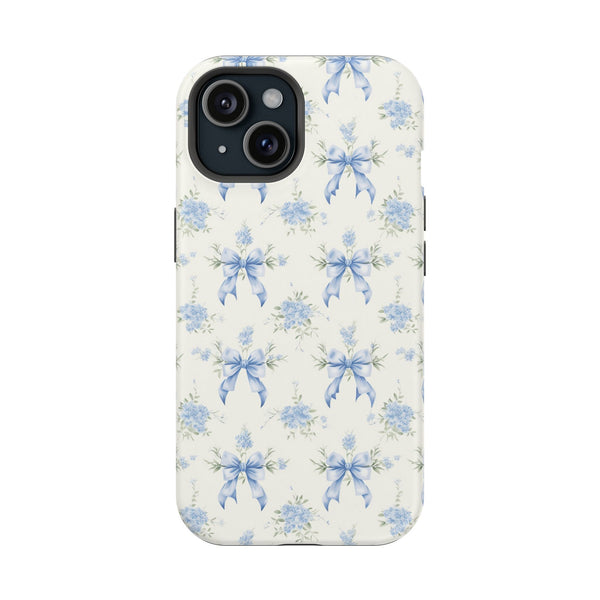 Mag Safe Phone Case  Preppy Blue Bows and Floral Design Magnetic Tough Case for iPhone - Durable