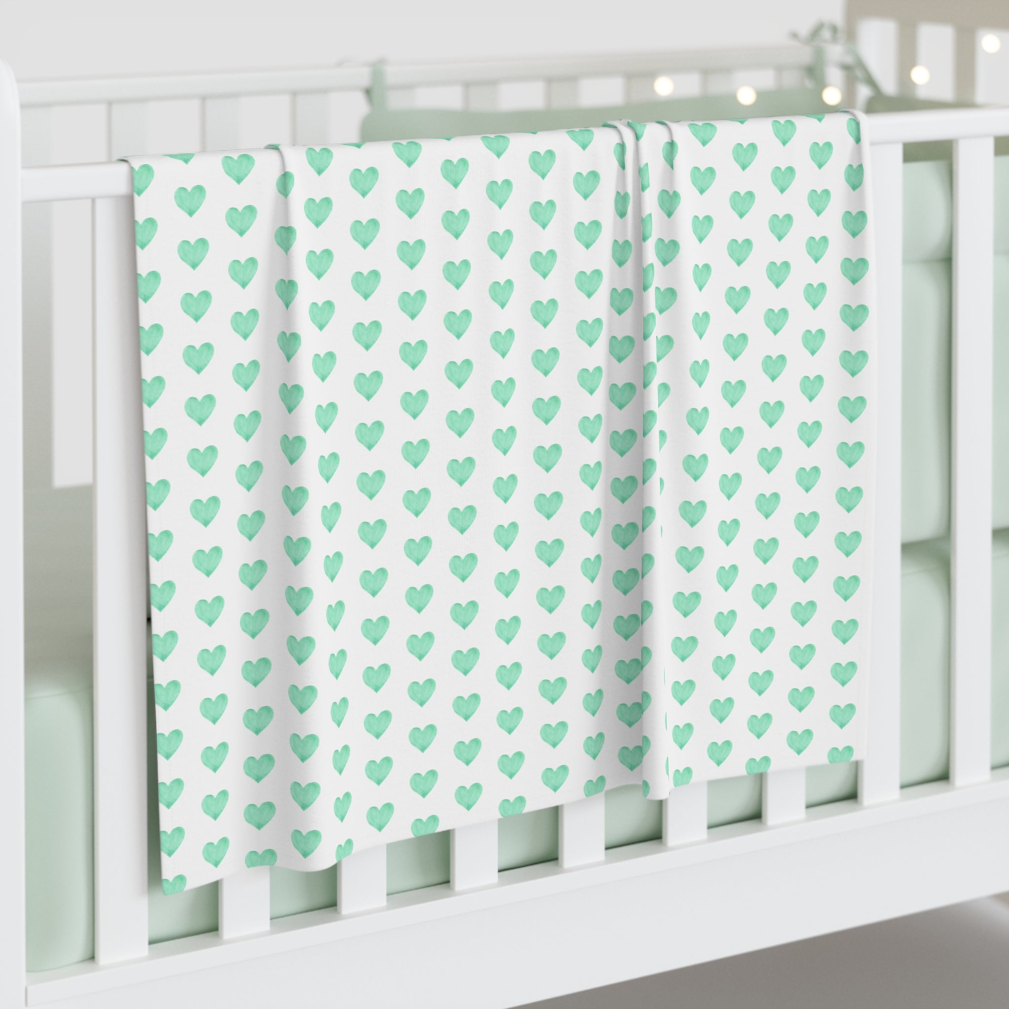 Baby Swaddle Blanket in preppy watercolor heart print pattern - Softest Seafoam Green on white