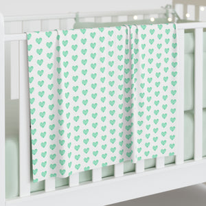 Baby Swaddle Blanket in preppy watercolor heart print pattern - Softest Seafoam Green on white