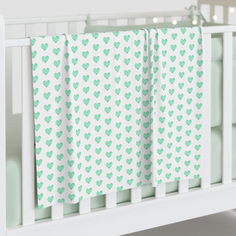 Baby Swaddle Blanket in preppy watercolor heart print pattern - Softest Seafoam Green on white