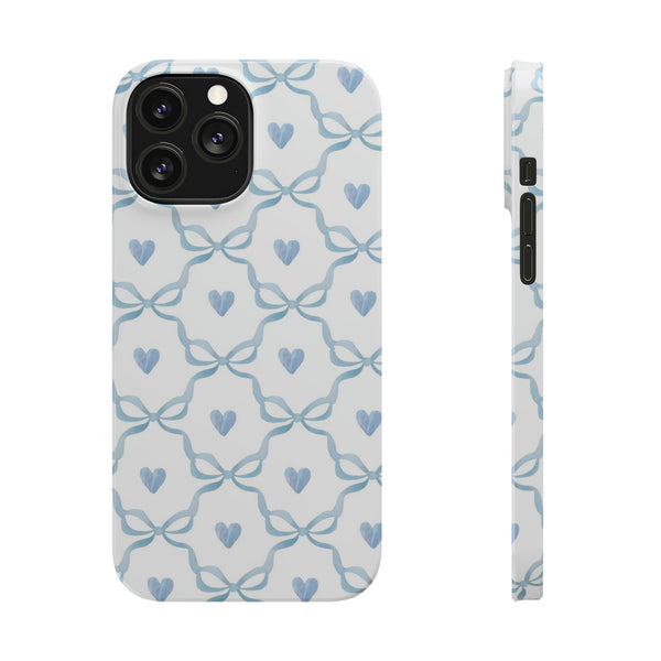 Bow and Heart Collab Print, Coquette blue and white, loveshackfancy inspired, preppy print Phone Case, all iPhone 15 14 Plus Pro Max 13