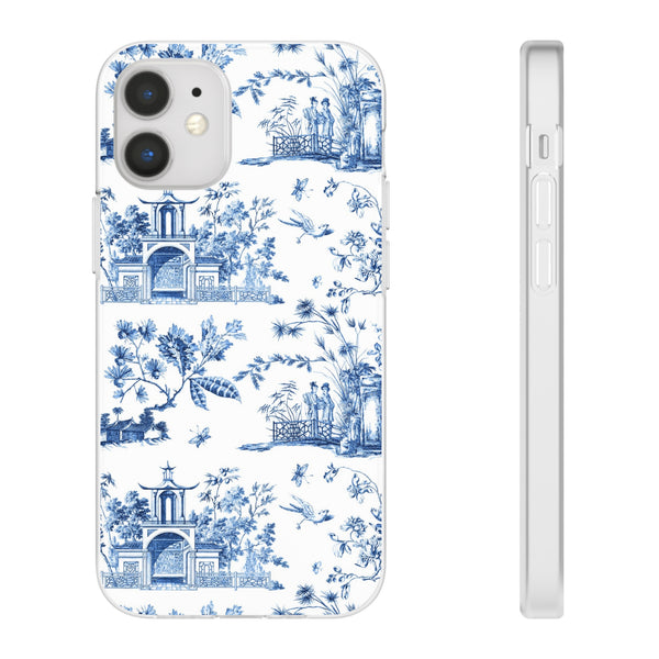 Flexible Phone Case - Chinoiserie Blue and White Toile Pagoda iPhone Samsung, White Background with Blue Toile Pattern