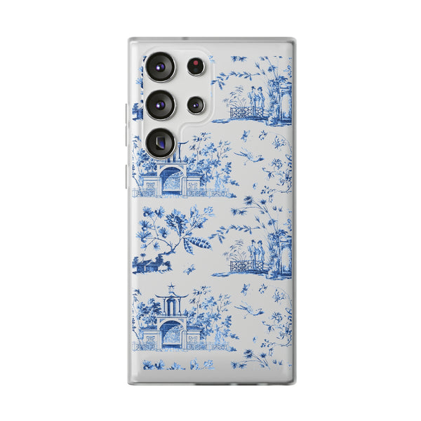 Flexible Phone Case - Chinoiserie Blue and White Toile Pagoda iPhone Samsung, White Background with Blue Toile Pattern