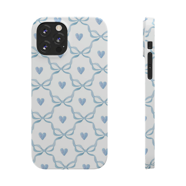 Bow and Heart Collab Print, Coquette blue and white, loveshackfancy inspired, preppy print Phone Case, all iPhone 15 14 Plus Pro Max 13