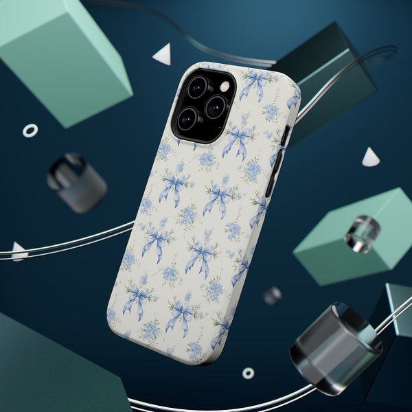Mag Safe Phone Case  Preppy Blue Bows and Floral Design Magnetic Tough Case for iPhone - Durable