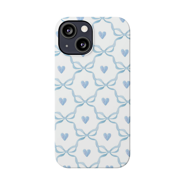 Bow and Heart Collab Print, Coquette blue and white, loveshackfancy inspired, preppy print Phone Case, all iPhone 15 14 Plus Pro Max 13