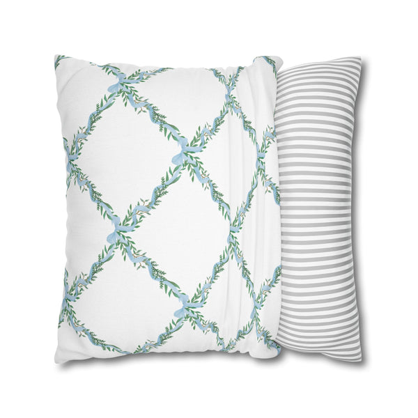 Watercolor Lattice Floral Bow Blue Pillow Cover with Zip Closure - Cover Only - Insert not included - teen, tween, dorm room