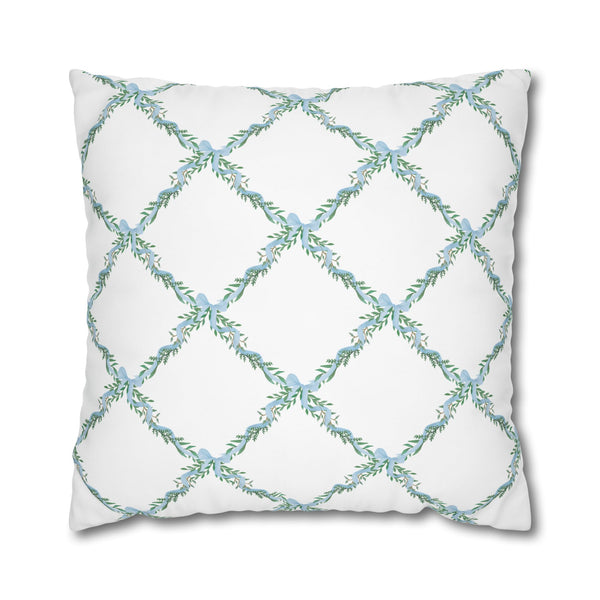 Pillow Cover Large Sham, Watercolor Lattice Floral Blue Bow  Loveshackfancy inspired, (insert not included) choose from 24" or 26" square