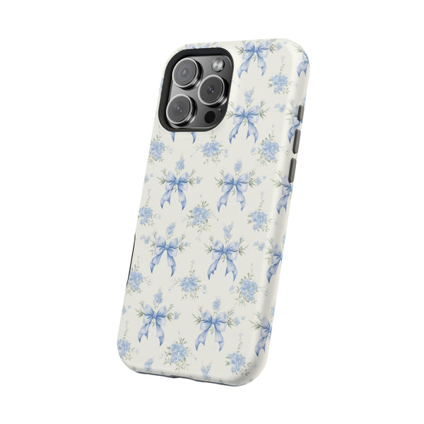 Mag Safe Phone Case  Preppy Blue Bows and Floral Design Magnetic Tough Case for iPhone - Durable