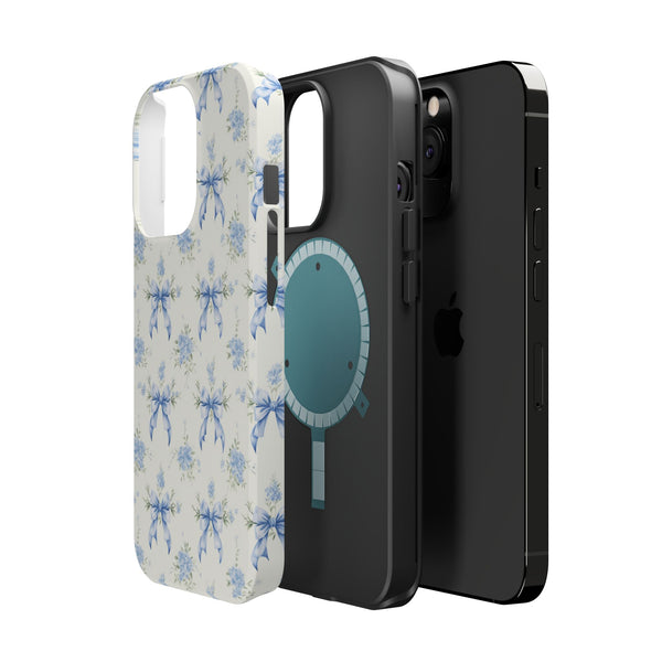 Mag Safe Phone Case  Preppy Blue Bows and Floral Design Magnetic Tough Case for iPhone - Durable