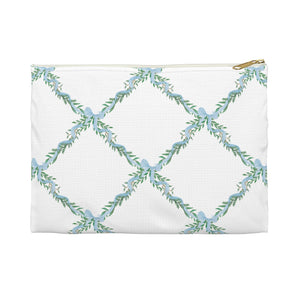 Zipper Pouch Bag, Preppy Watercolor Bow Lattice Blue Pattern- Accessory Pouch Available in Two Sizes