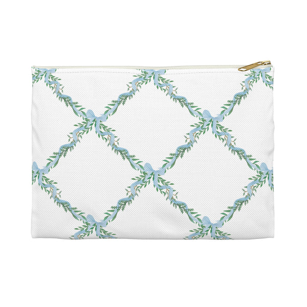 Zipper Pouch Bag, Preppy Watercolor Bow Lattice Blue Pattern- Accessory Pouch Available in Two Sizes