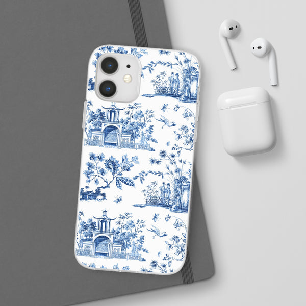 Flexible Phone Case - Chinoiserie Blue and White Toile Pagoda iPhone Samsung, White Background with Blue Toile Pattern