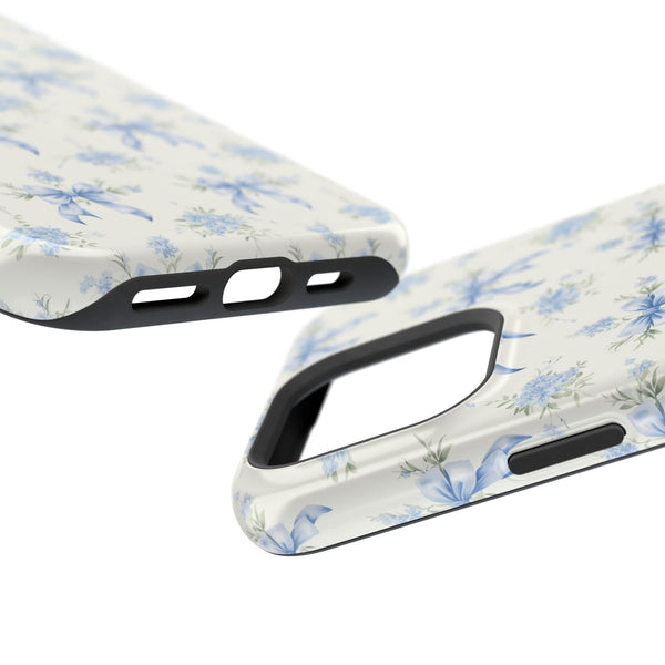 Mag Safe Phone Case  Preppy Blue Bows and Floral Design Magnetic Tough Case for iPhone - Durable