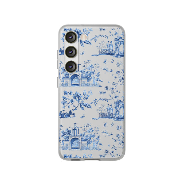 Flexible Phone Case - Chinoiserie Blue and White Toile Pagoda iPhone Samsung, White Background with Blue Toile Pattern